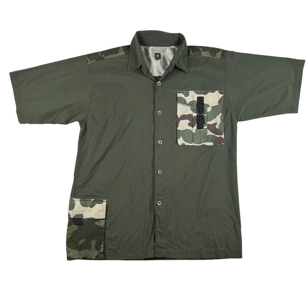 BOOM-X Shirt Mens XL Green Camo Utility Short Sleeve Button Up Korea Pockets